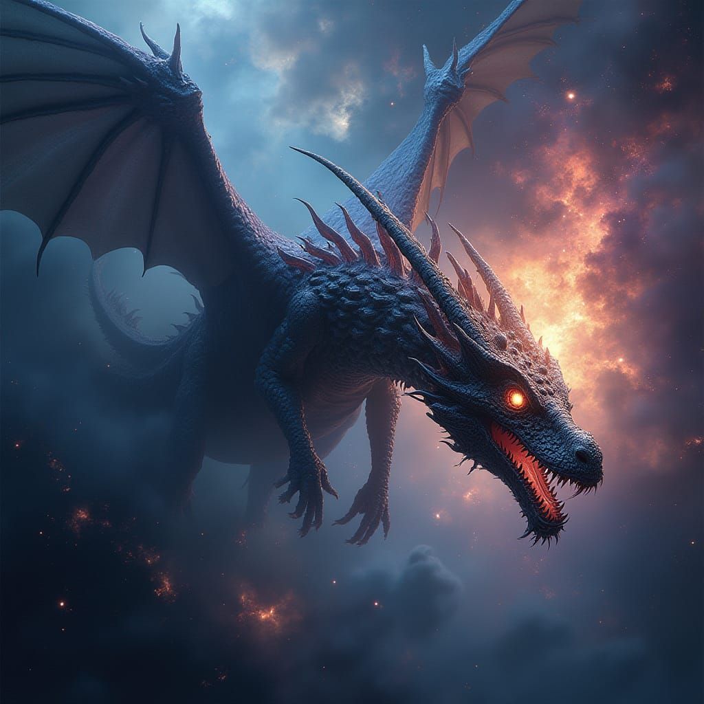 Bio-Mechanical Dragon Soaring Through Nebula in Cosmic Horro...