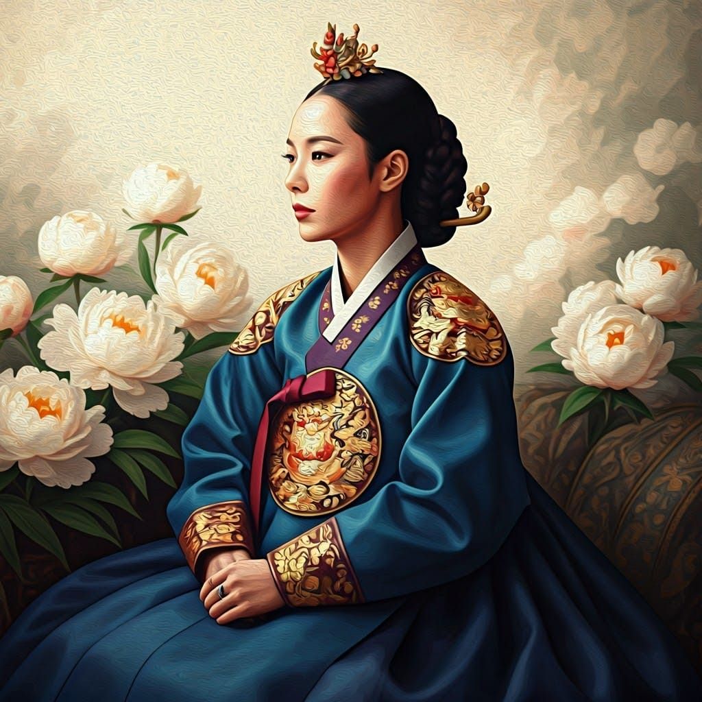 Korean Queen Portrait with Glowing Peonies, as Oil Painting