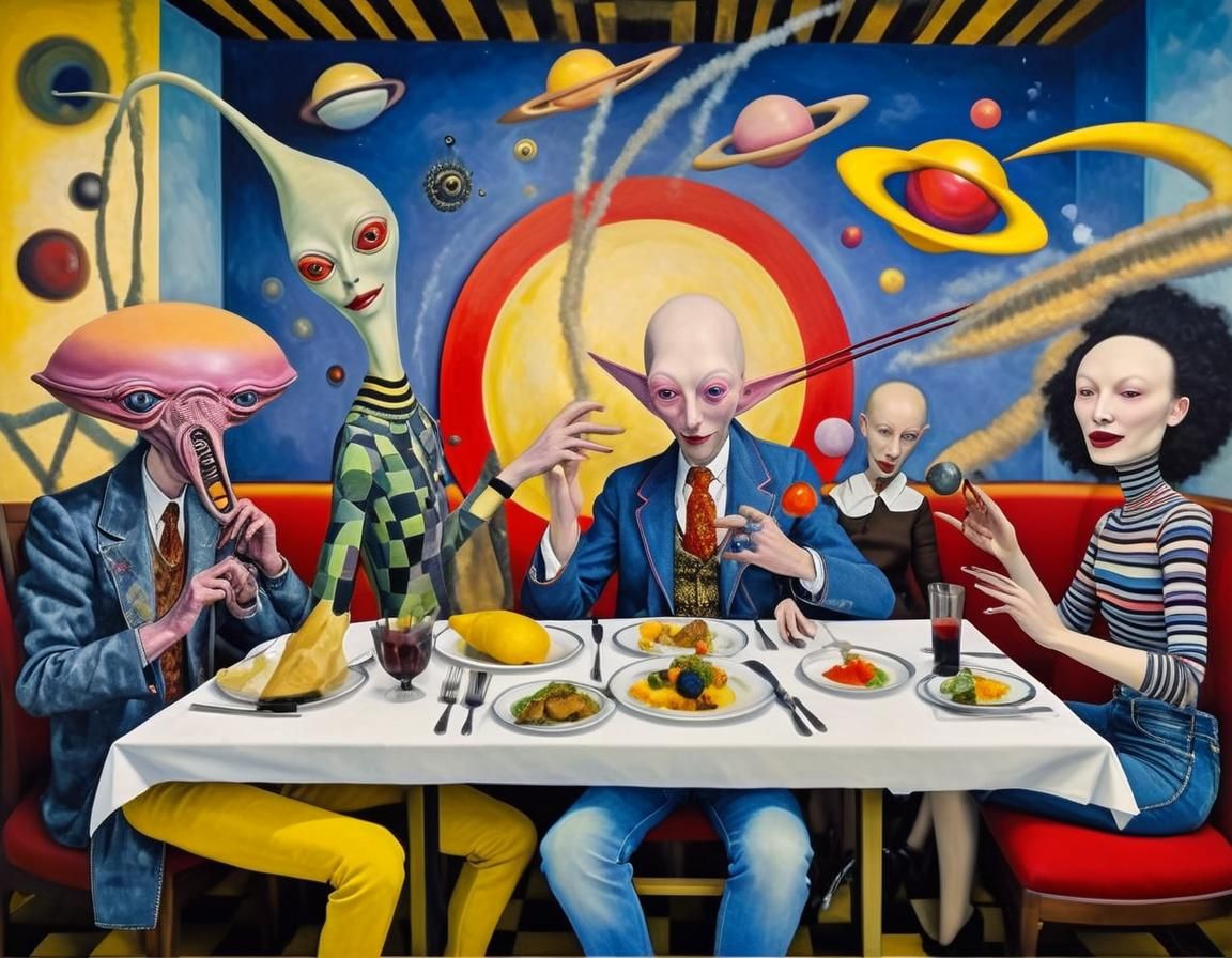 Surreal Alien Restaurant Scene in Vibrant Colors