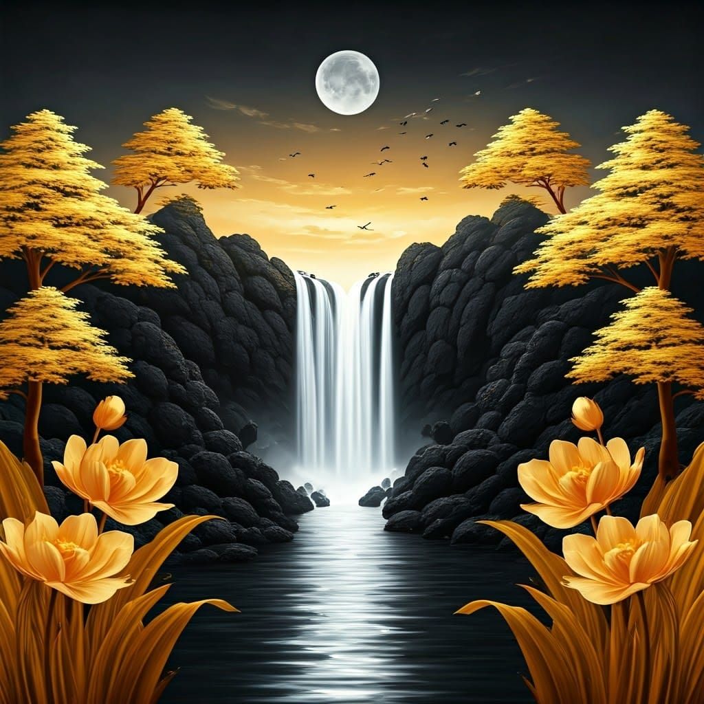 Waterfall Landscape with Golden Flowers and Moon