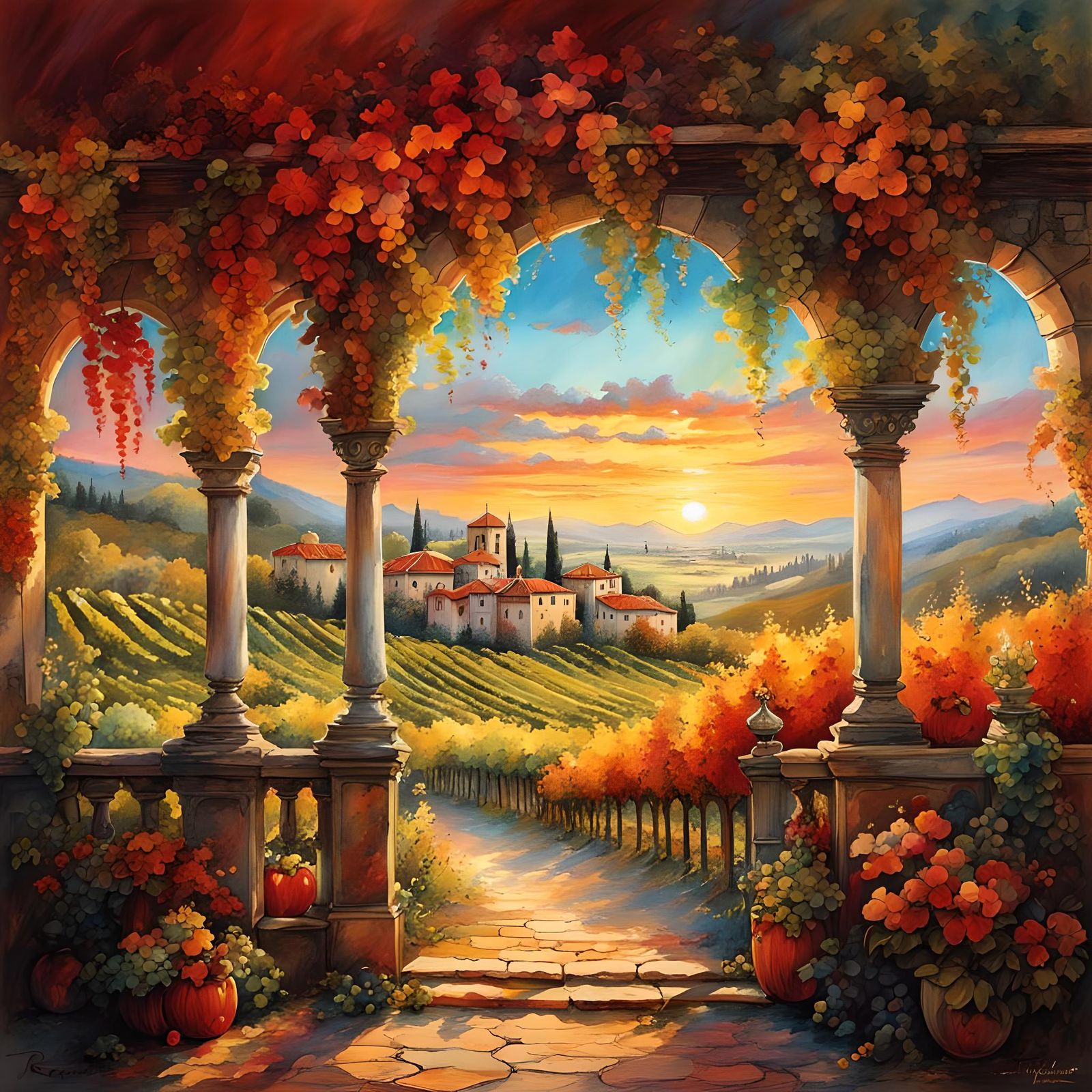Italian Vineyards: Nouveau Rococo Sunrise in Watercolor