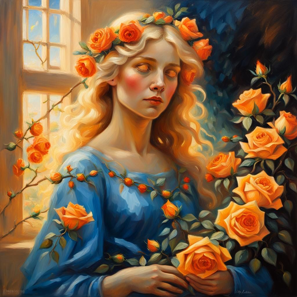 Woman with Roses in Pre-Raphaelite Style