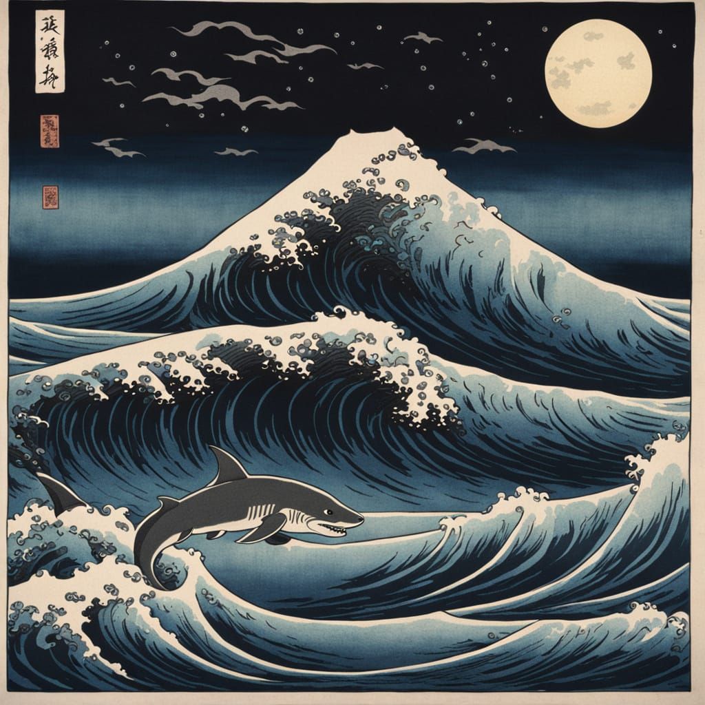 Hammerhead Shark in Traditional Japanese Woodblock Style