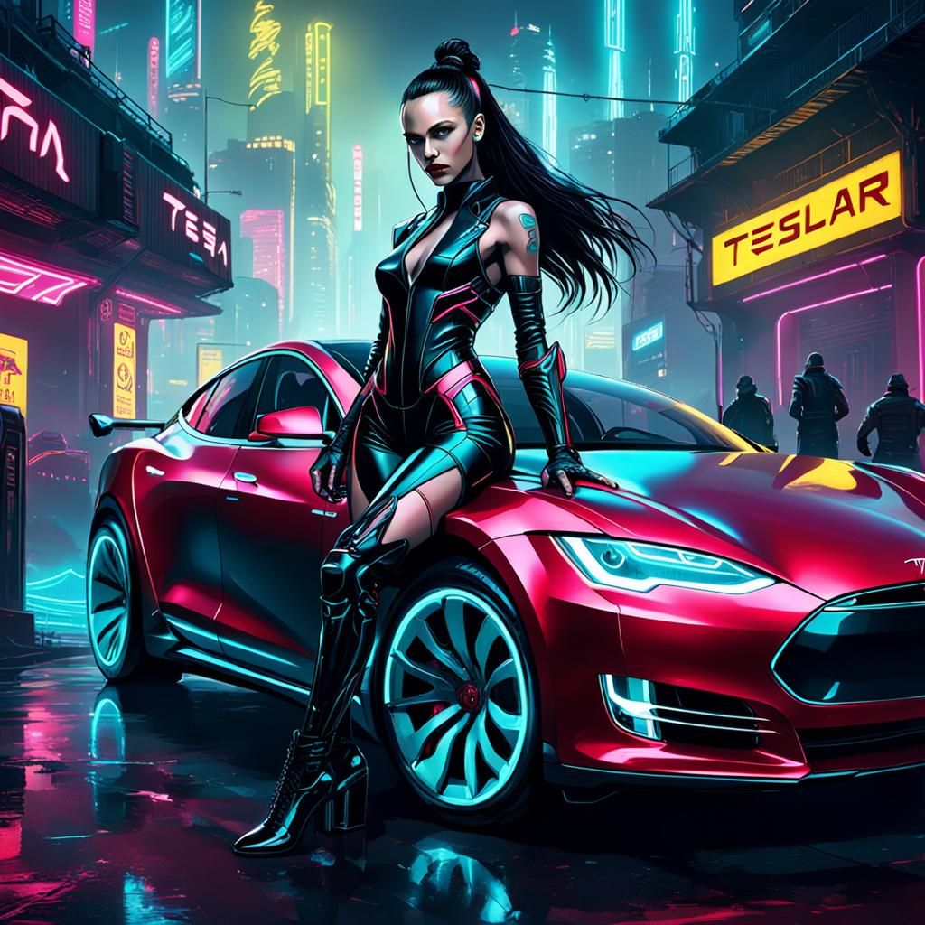 Cyberpunk Mistress on a Neon Tesla Car