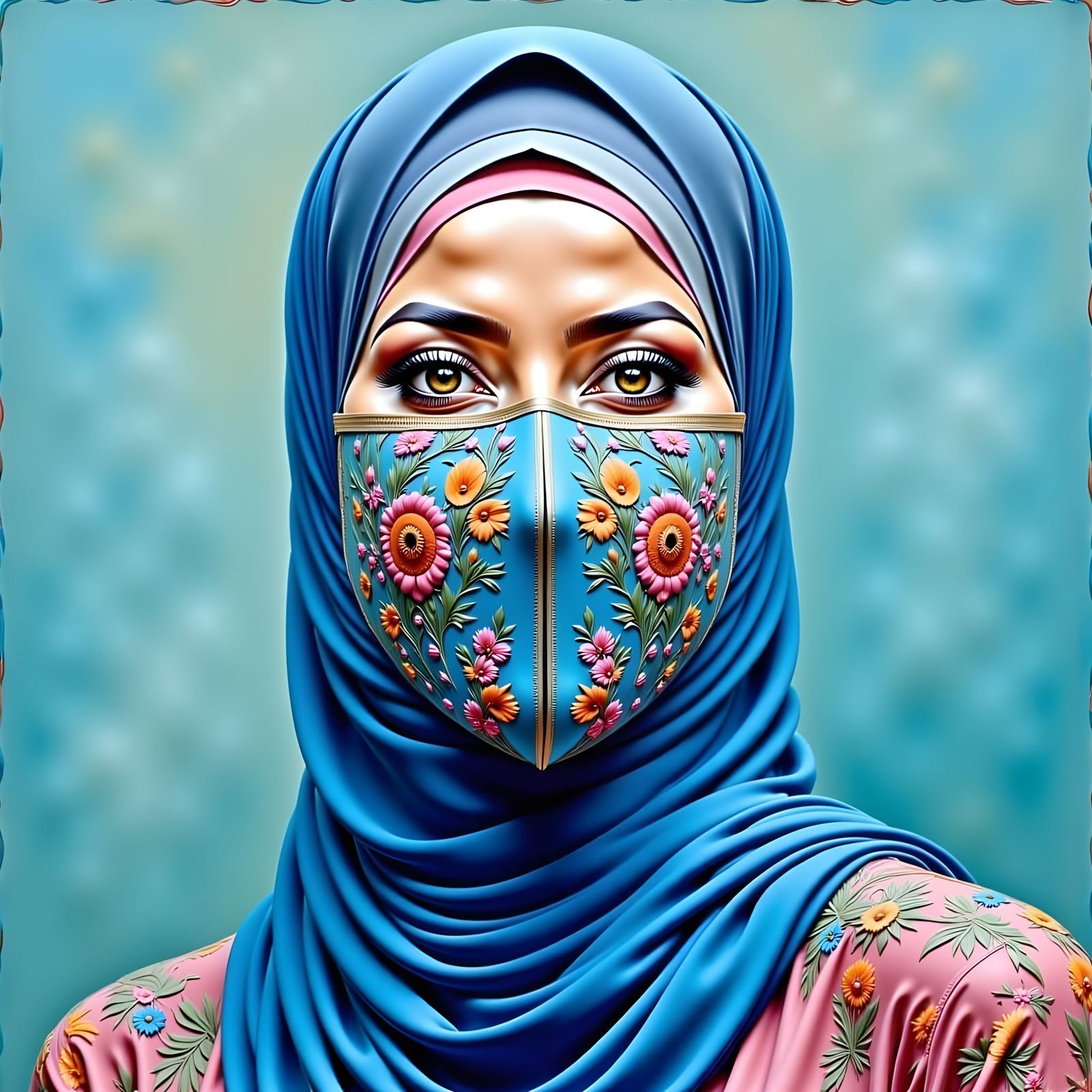 Masked Woman in Blue Hijab, Floral Illustration