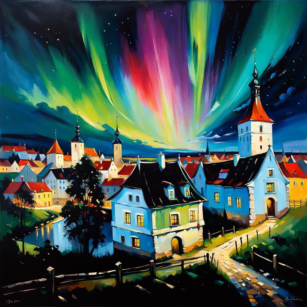 Estonian Medieval City Under Aurora: Oil Painting
