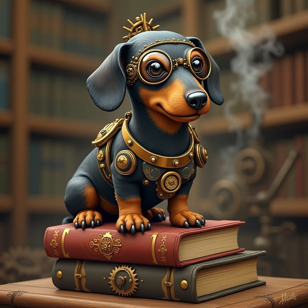 Steampunk Dachshund on Ancient Tomes