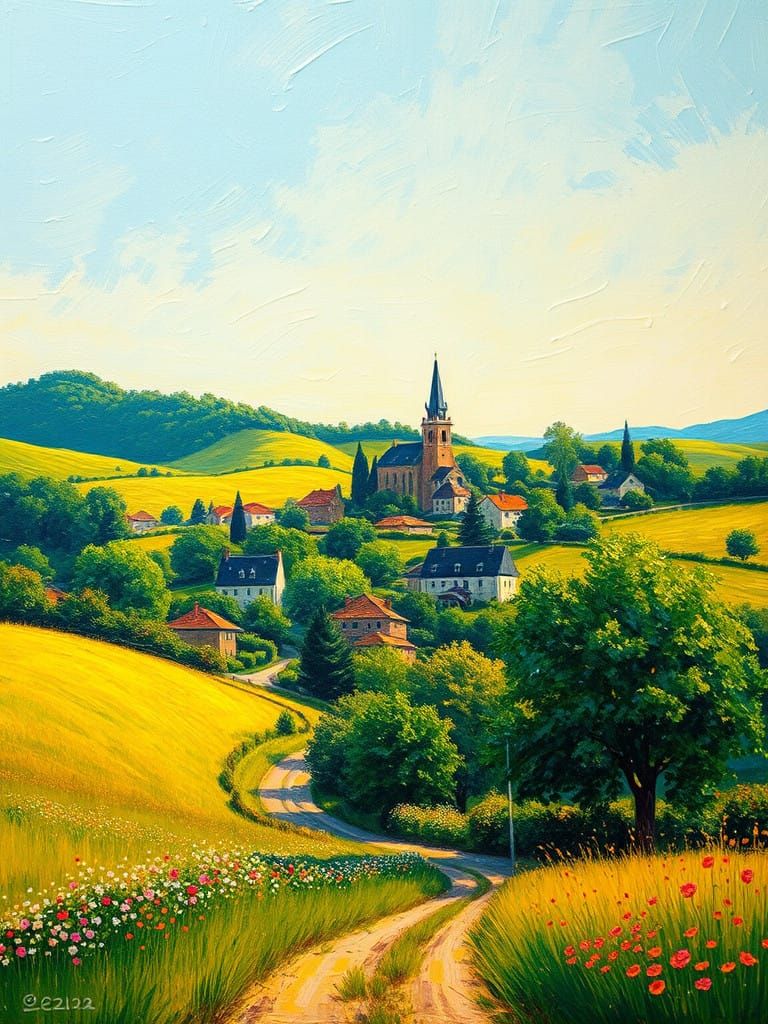 Serene Summer Village in Vibrant Impasto Colors