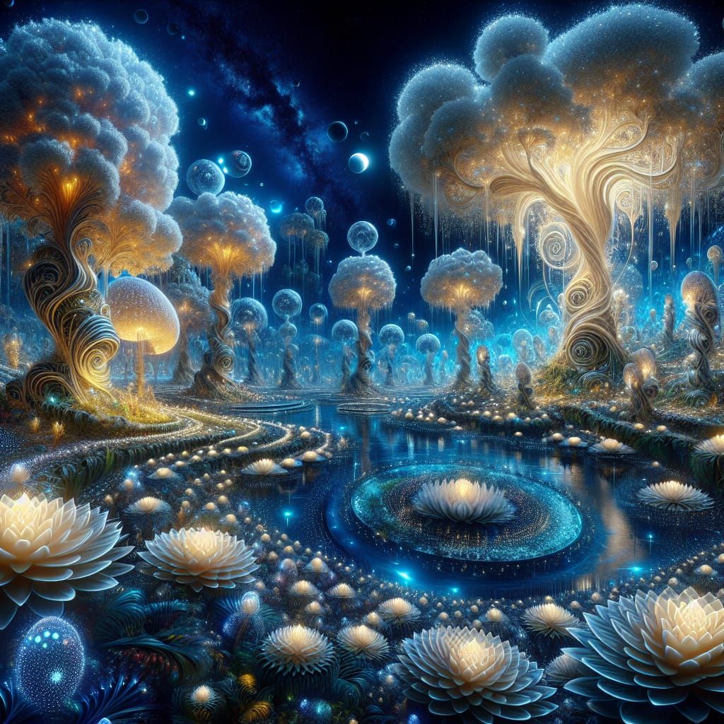 Dreamlike Glade in Fantasy Forest with Bioluminescent Plants