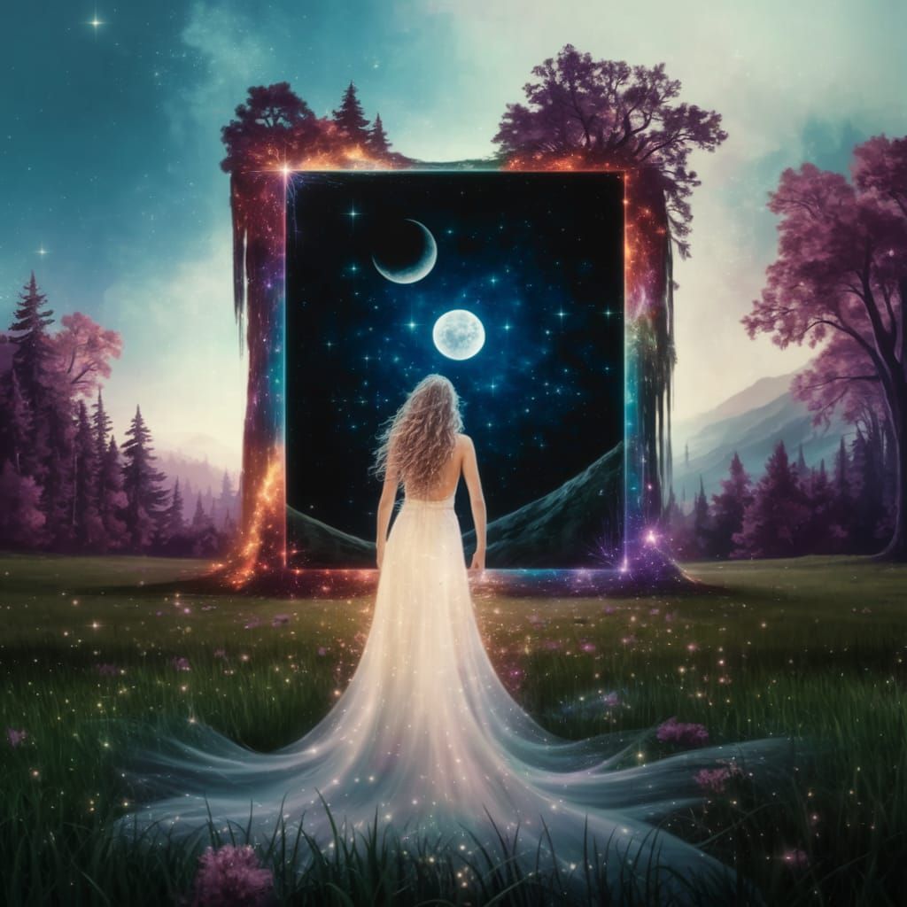 Woman Basks in Celestial Magic Under Starry Night Sky