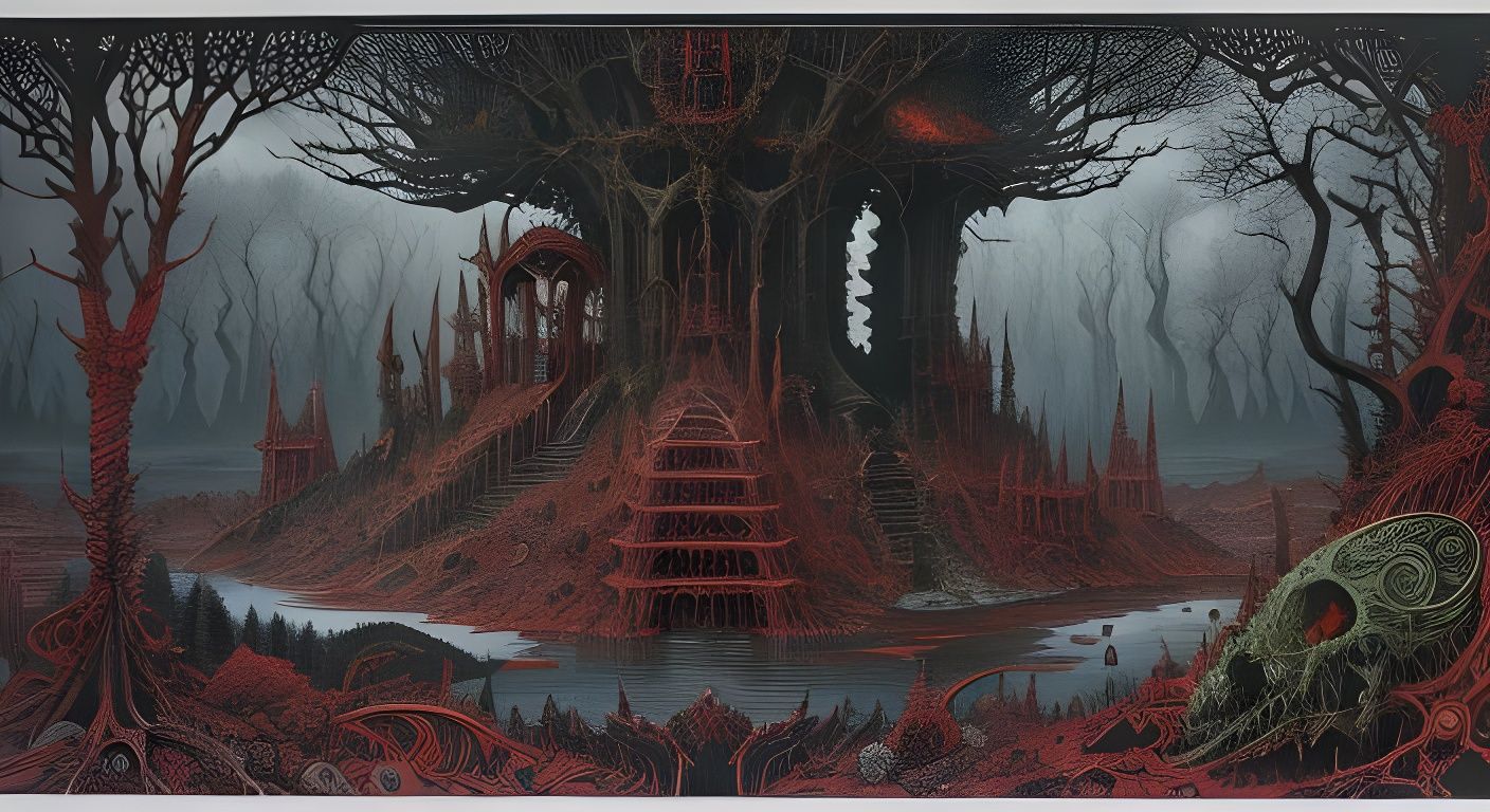 Horror Landscape with Evil Creatures and Bloody Lake