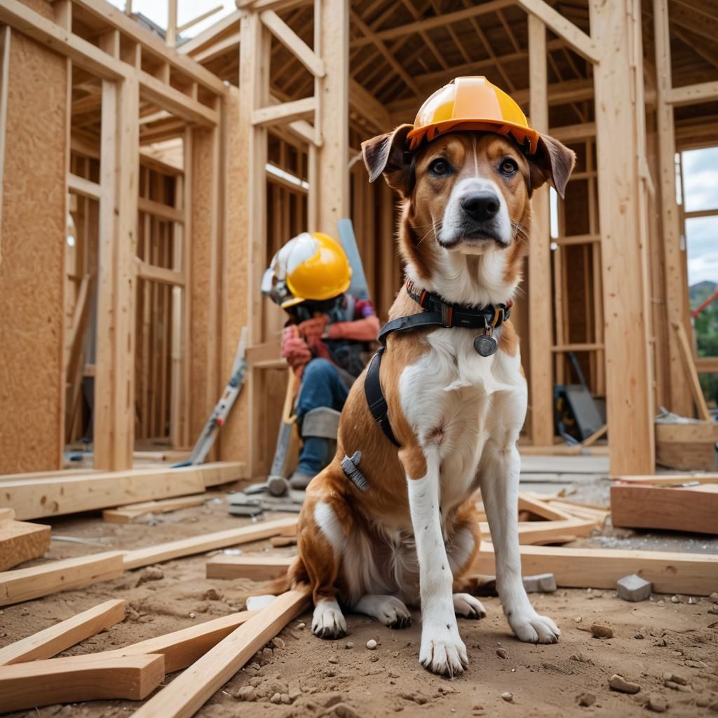 Dog Builds House in Construction Hat: Photography