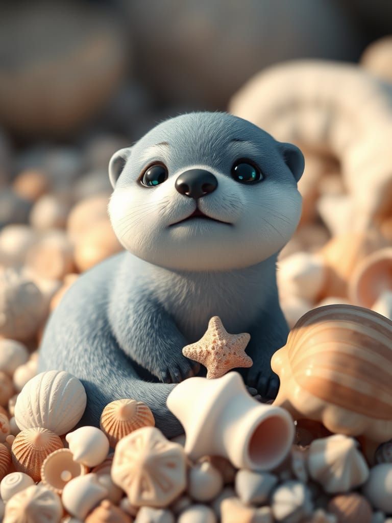 Charming Blue Sea Otter Pup Amidst Iridescent Shells