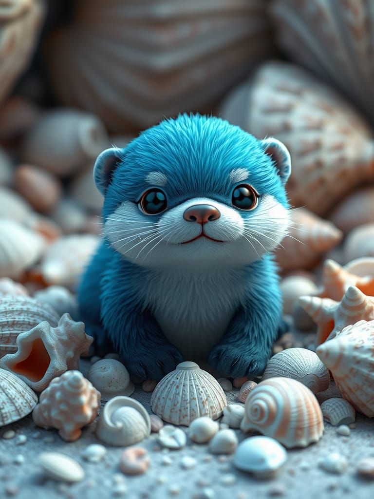 Vibrant 3D Anime Sea Otter Pup in Whimsical Seashell Scene