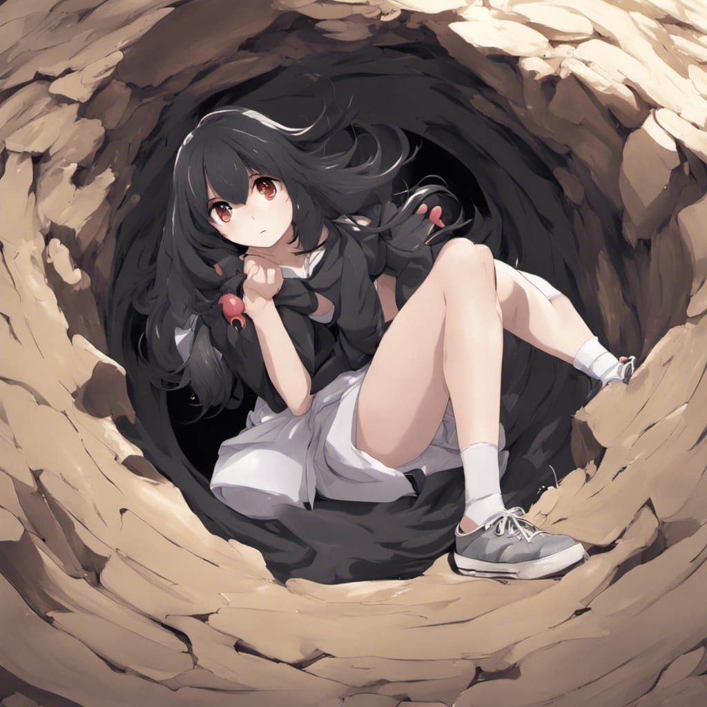 Anime Girl in Dark Hole with Uncertain Gaze