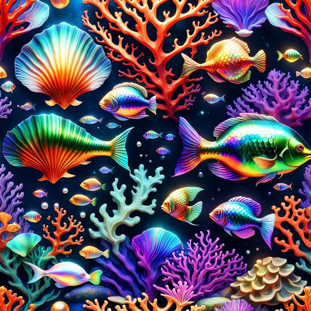Sparkling holographic   red green orange blue purple ,fish mermaid , beautiful beach  sea shore shell, pearl,corals near...