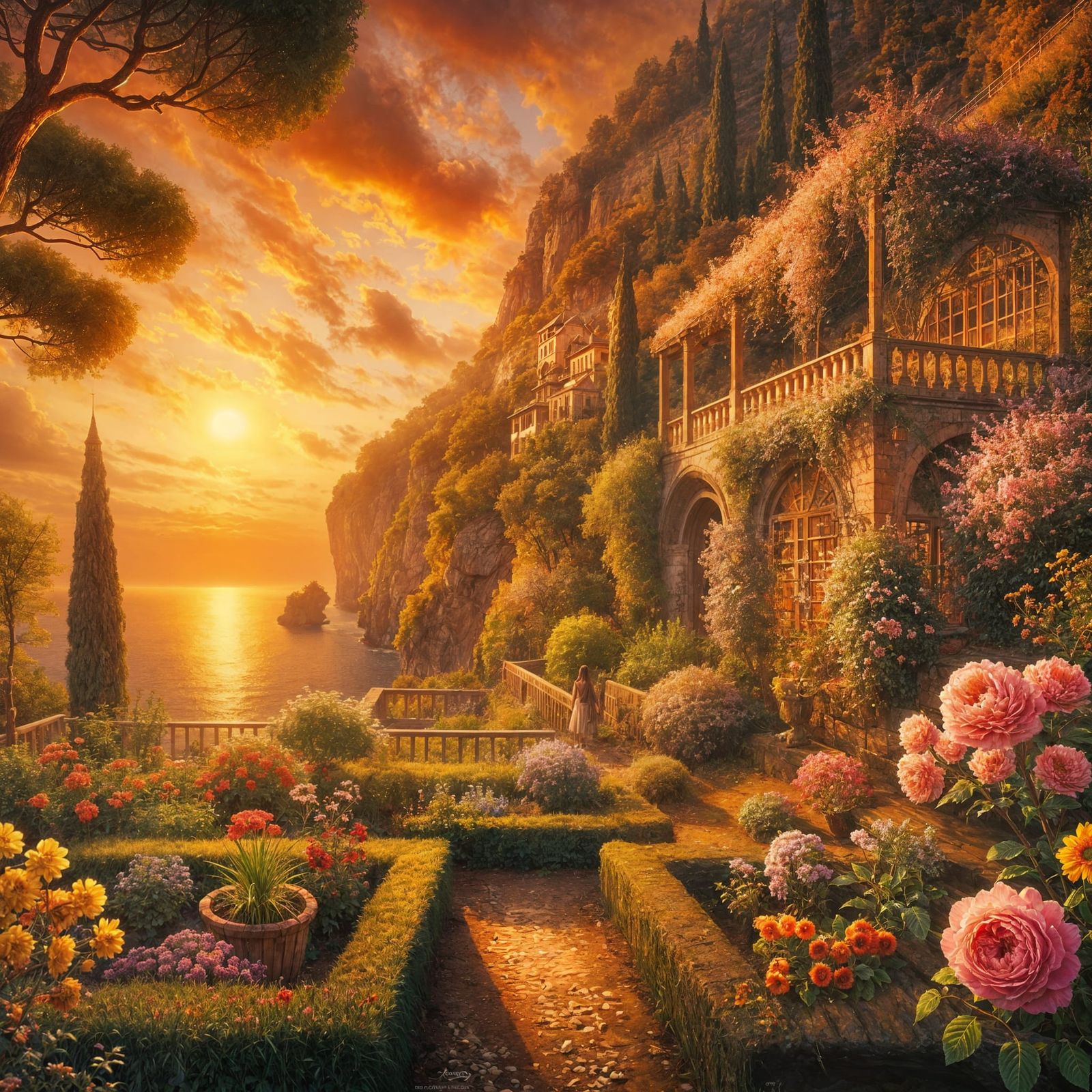 Seaside Garden at Sunset in Oil Painting Style