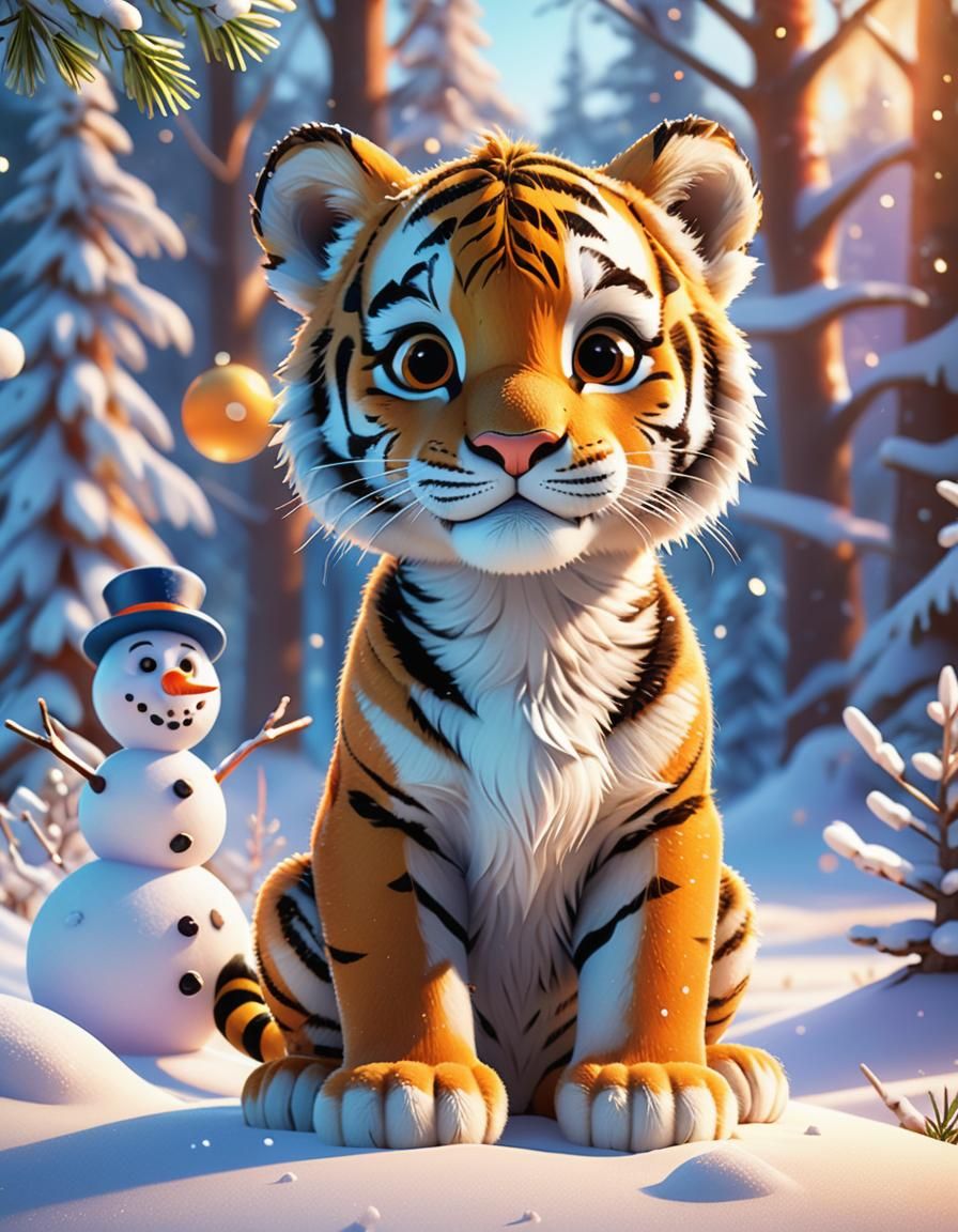 Tiger Cub and Snowman in Pixar-Style Winter Wonderland