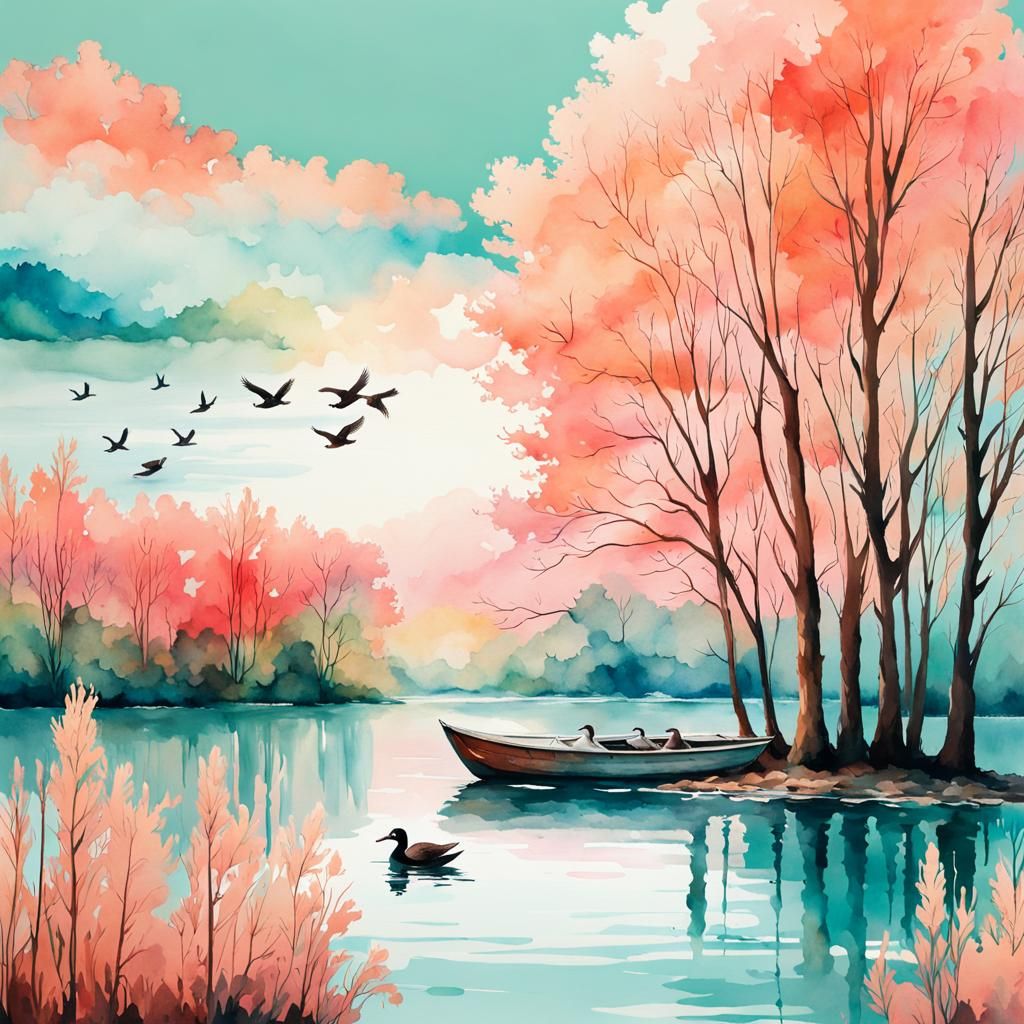 Lakeside Scene with Willow Trees in Watercolor Style