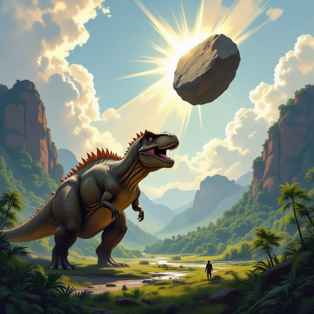 Dinosaur Facing Doomsday Boulder, Illustrated with Sci-Fi El...