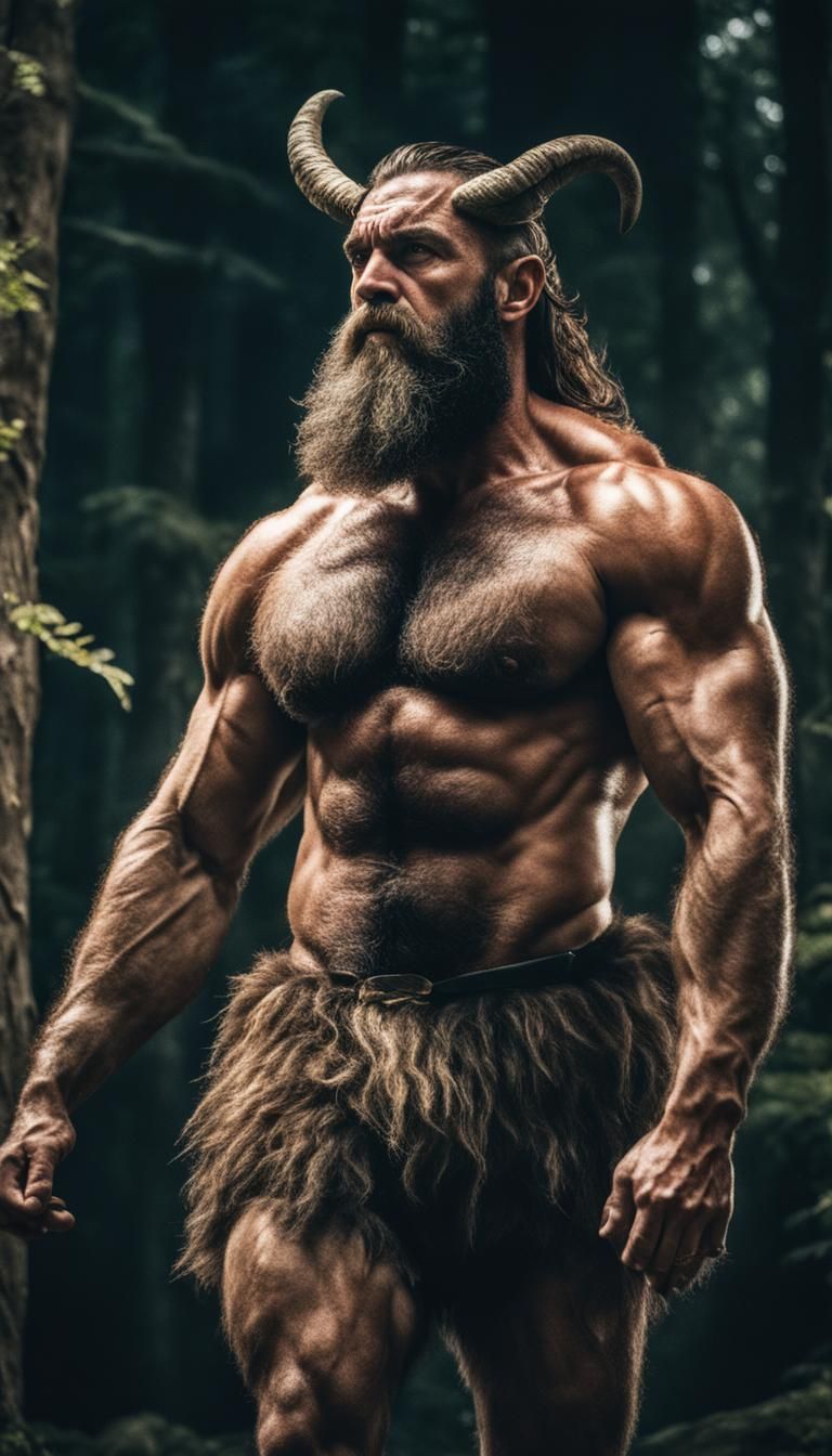 Cinematic Film Still of a Muscular Satyr God