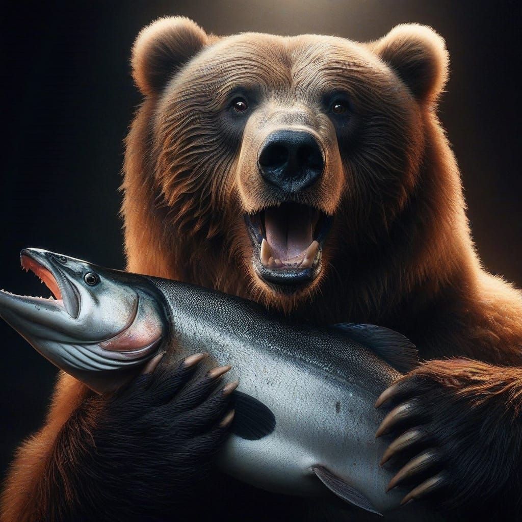 Sarcastic Kodiak Bear Displays Majestic Catch in Low-Light