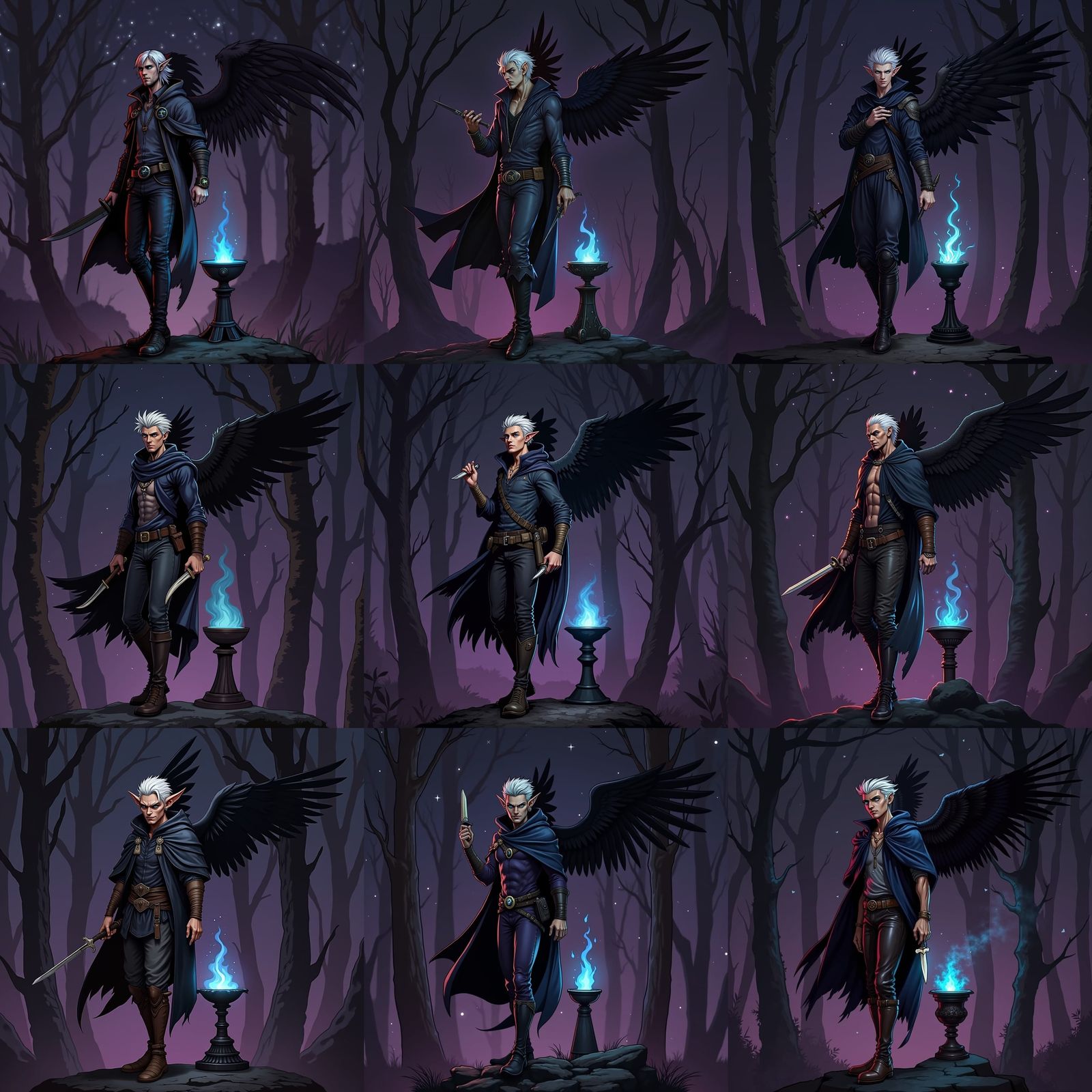 Elven Shadow Assassin with Raven Wings in Comic Style