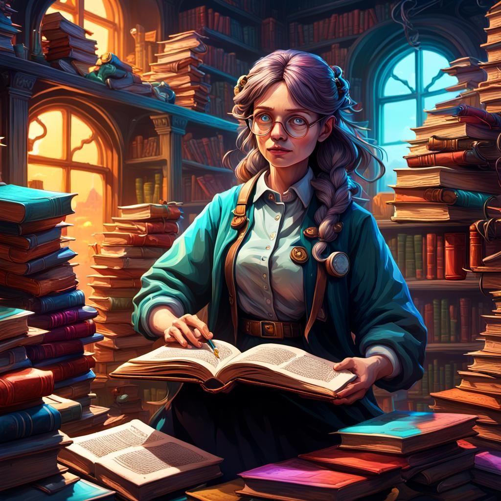 Surreal Cartoon Scientist Amidst Books