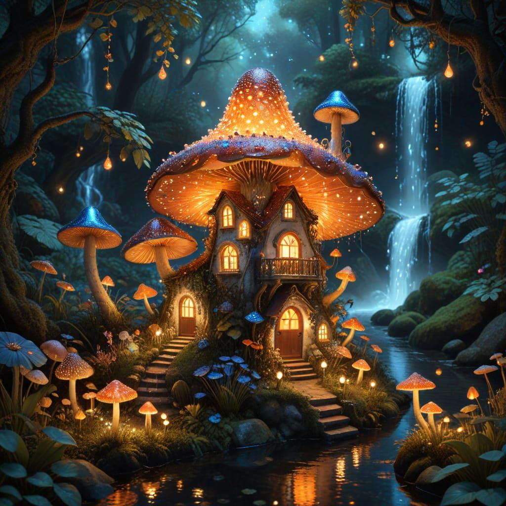 Mushroom house by the side of waterfall.
