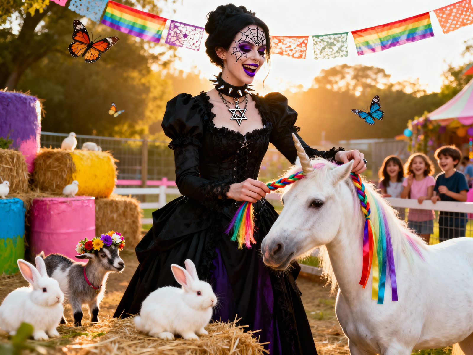 Goth Woman Giggles Braiding Rainbows in Unicorn Mane
