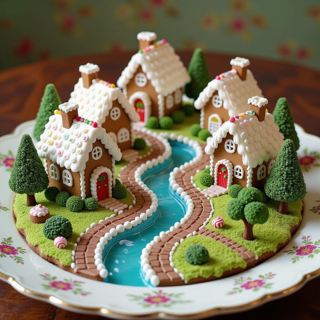 Whimsical Food Village on Antique Plate
