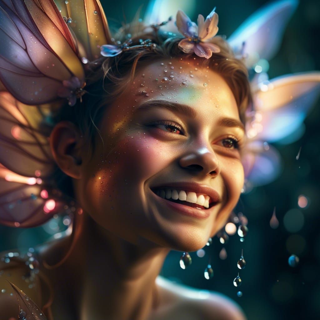 Laughing Fairy Portrait with Iridescent Wings