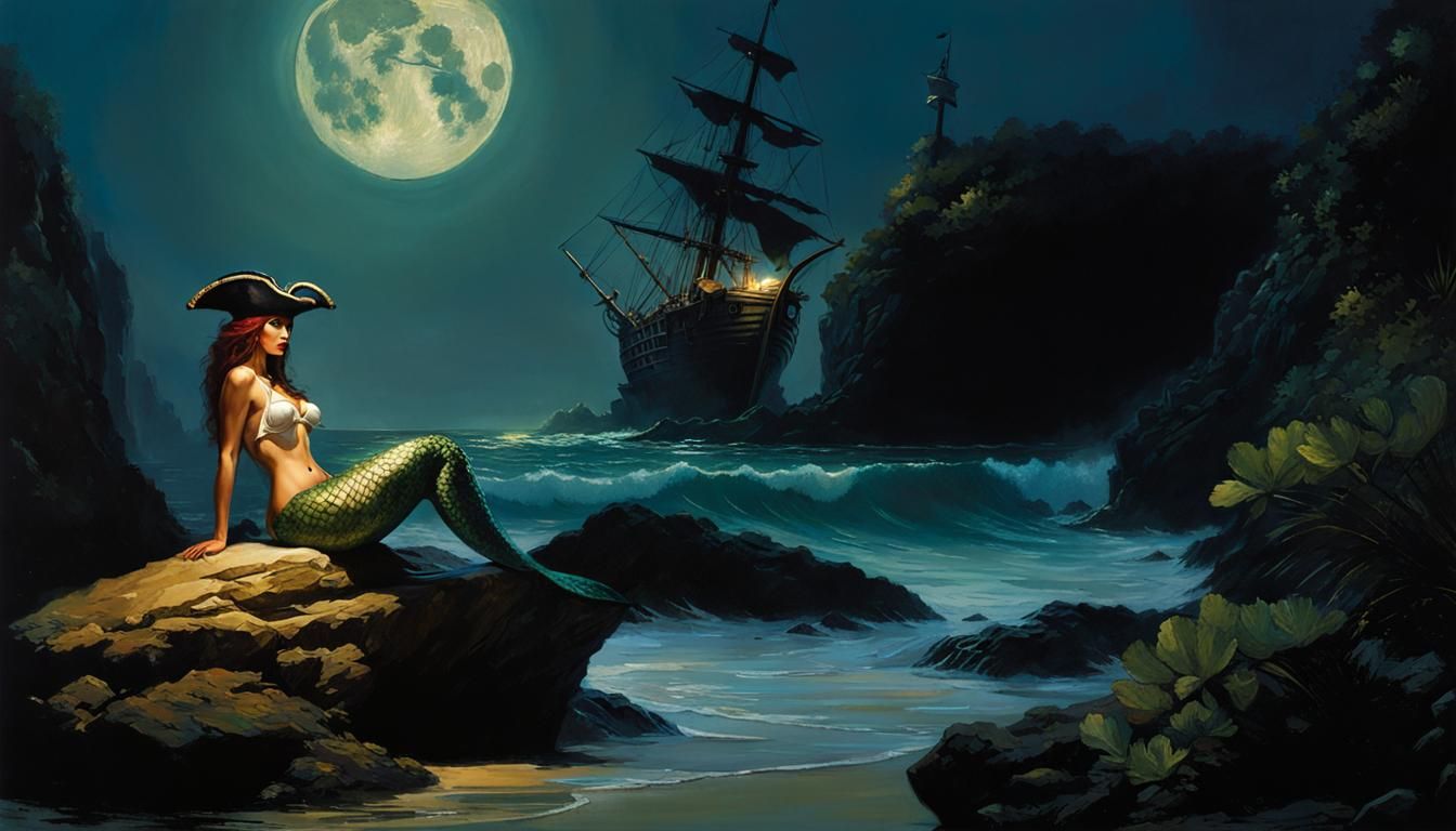 Pirate Mermaid on Island Coast in Oil Painting Style