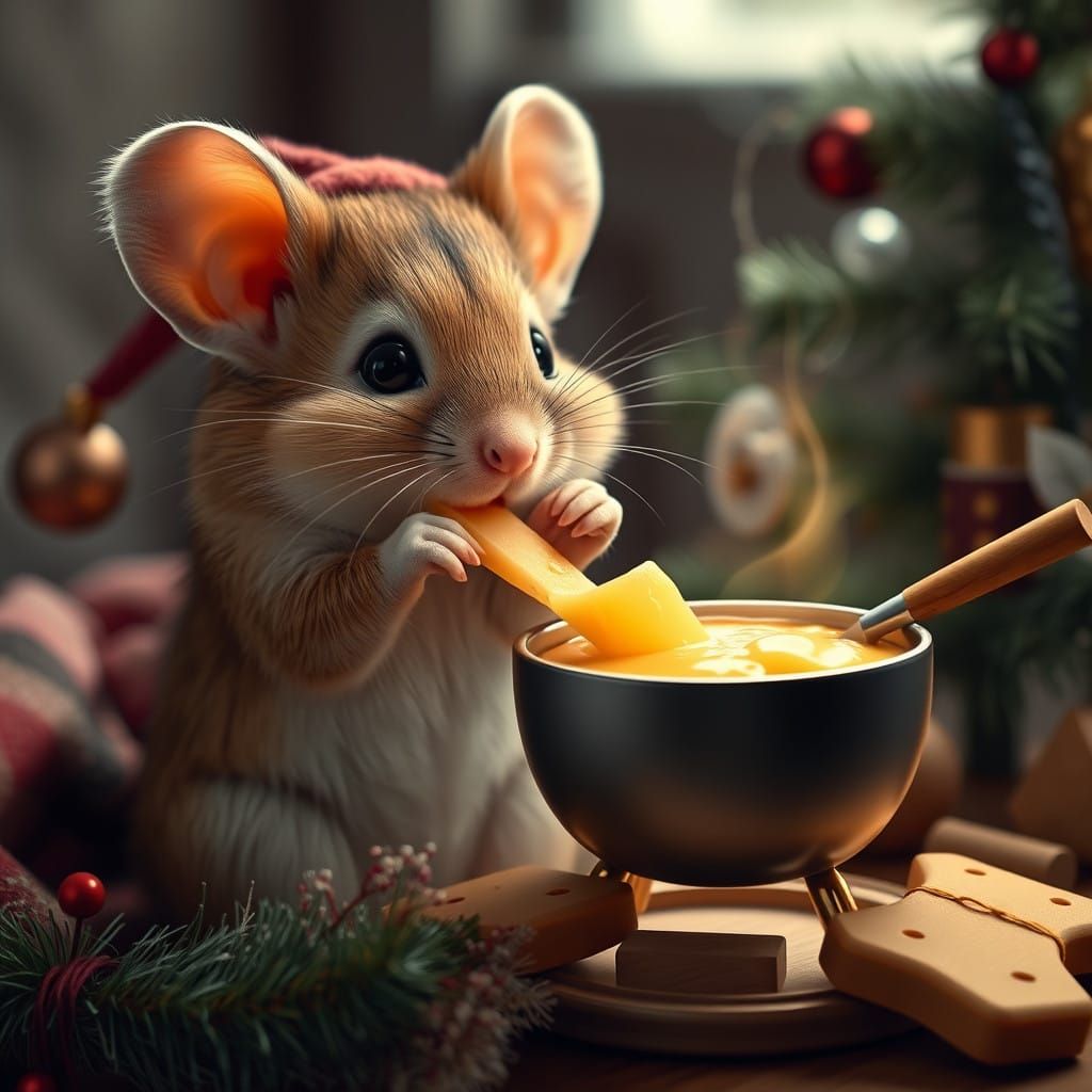 Cute Mouse Enjoys Cozy Christmas Fondue Scene
