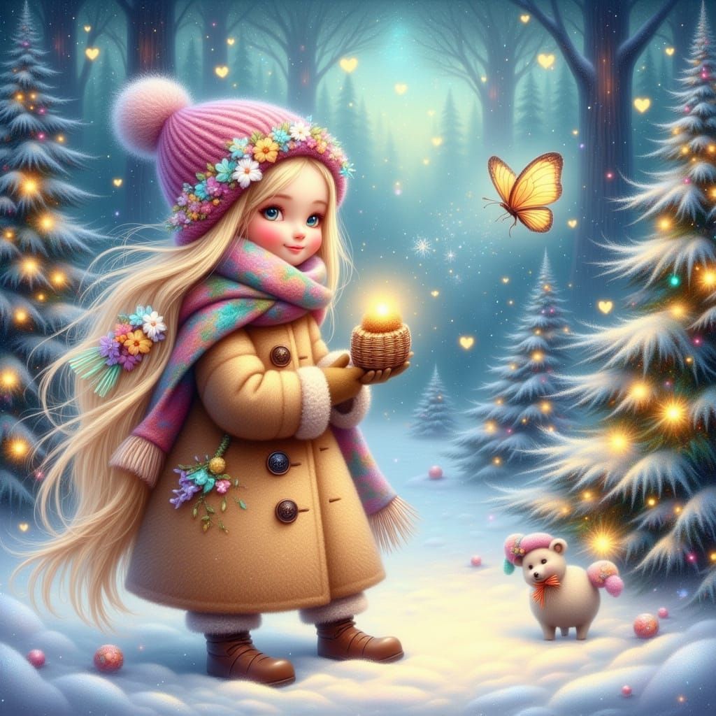 Whimsical Winter Girl in Fairytale Forest with Flowers