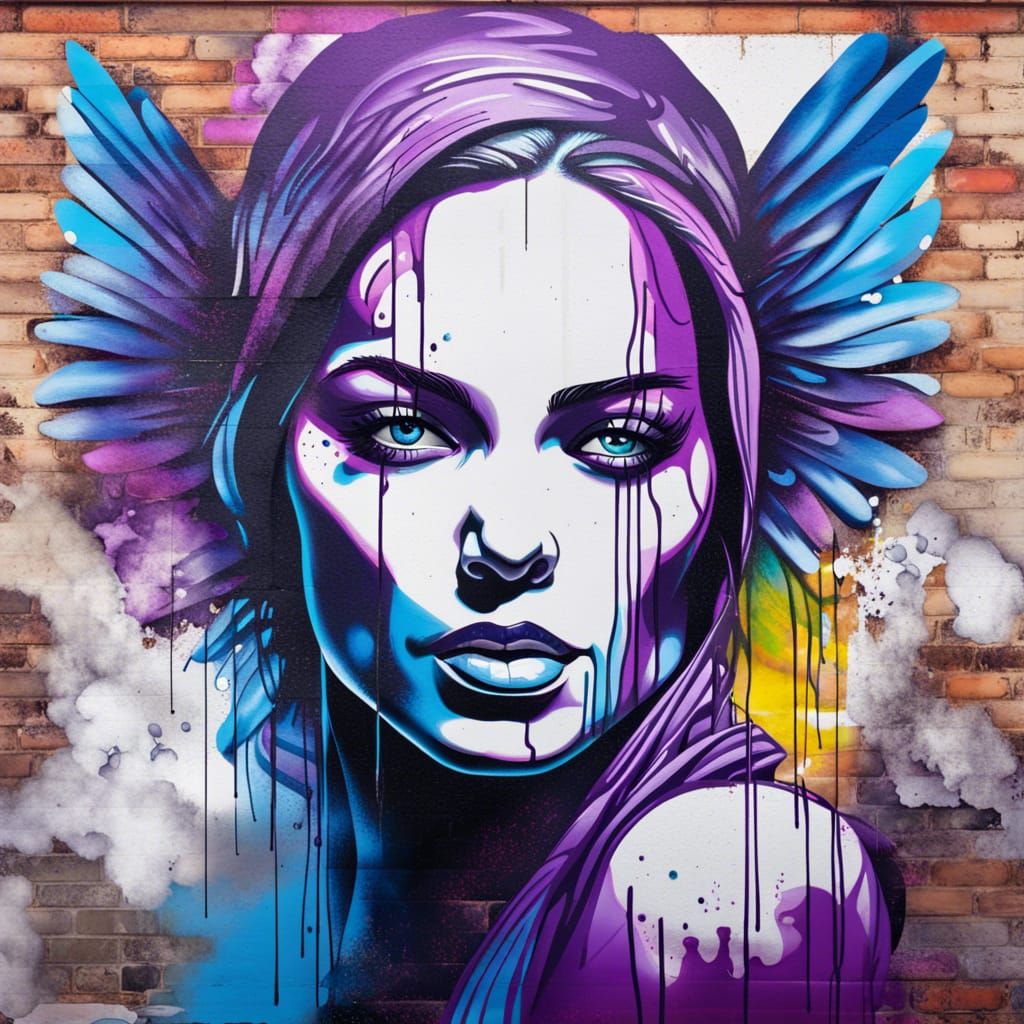 Graffiti Art: Woman with Wings on Brick Wall