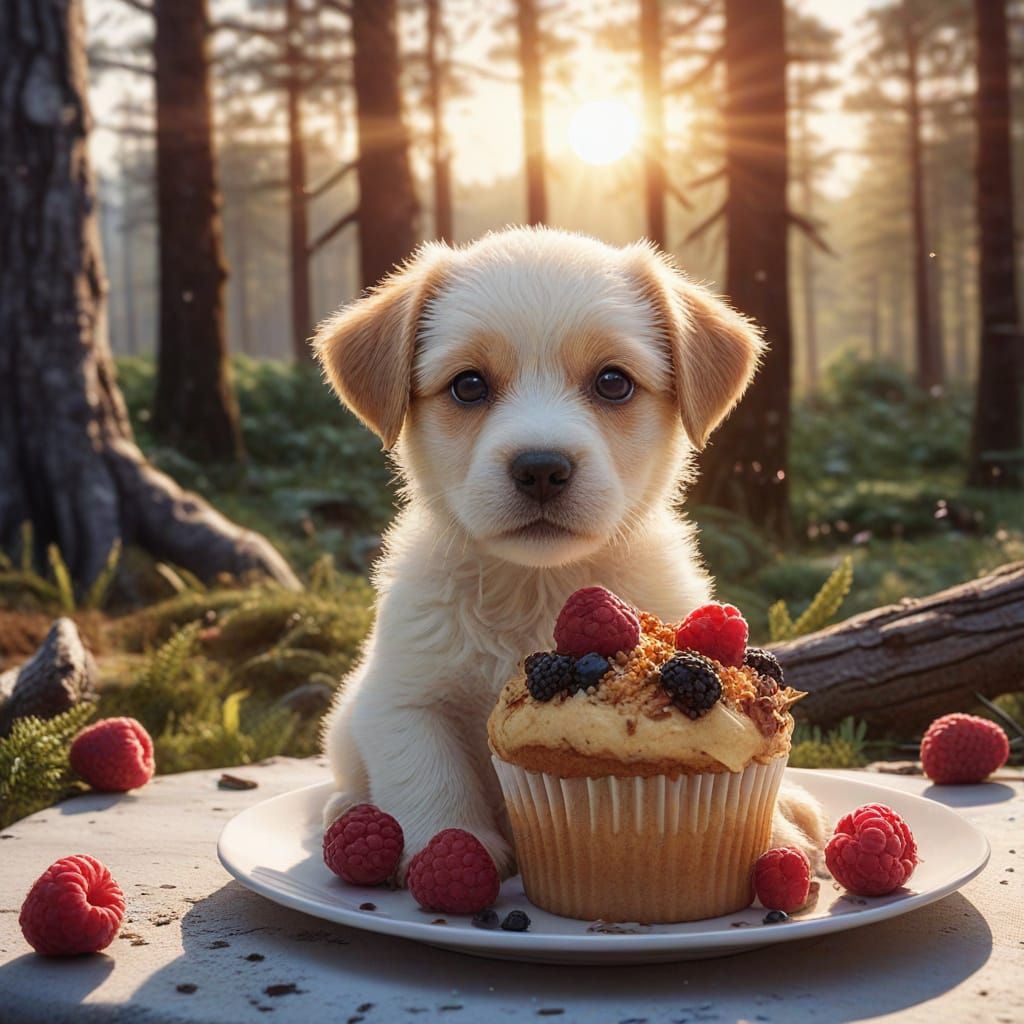 Whimsical Forest Cake Scene in Scandinavian Sunrise