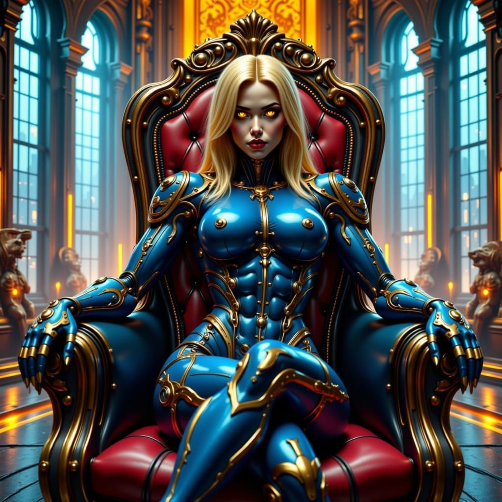 Cyberpunk Queen on Throne with Neon Skyline