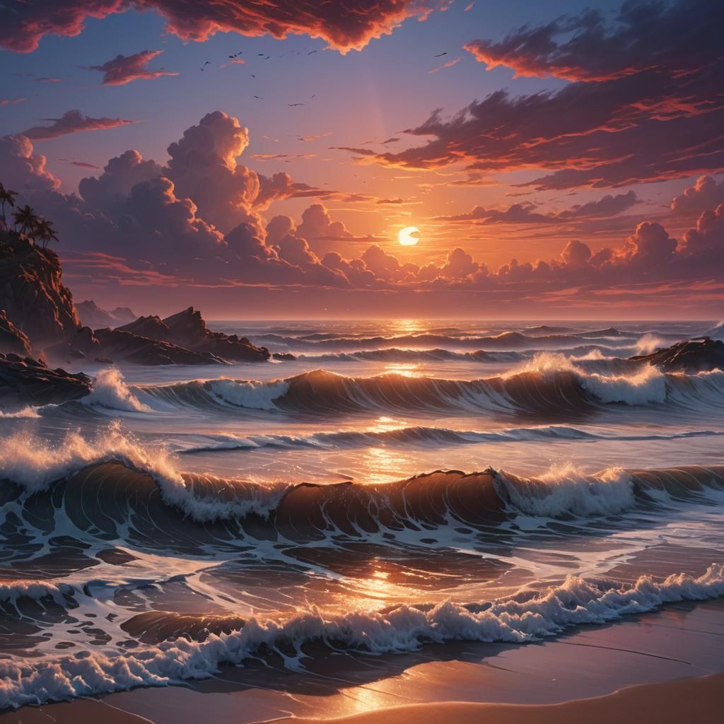 Dramatic Sunset Waves in Fantasy Illustration Style