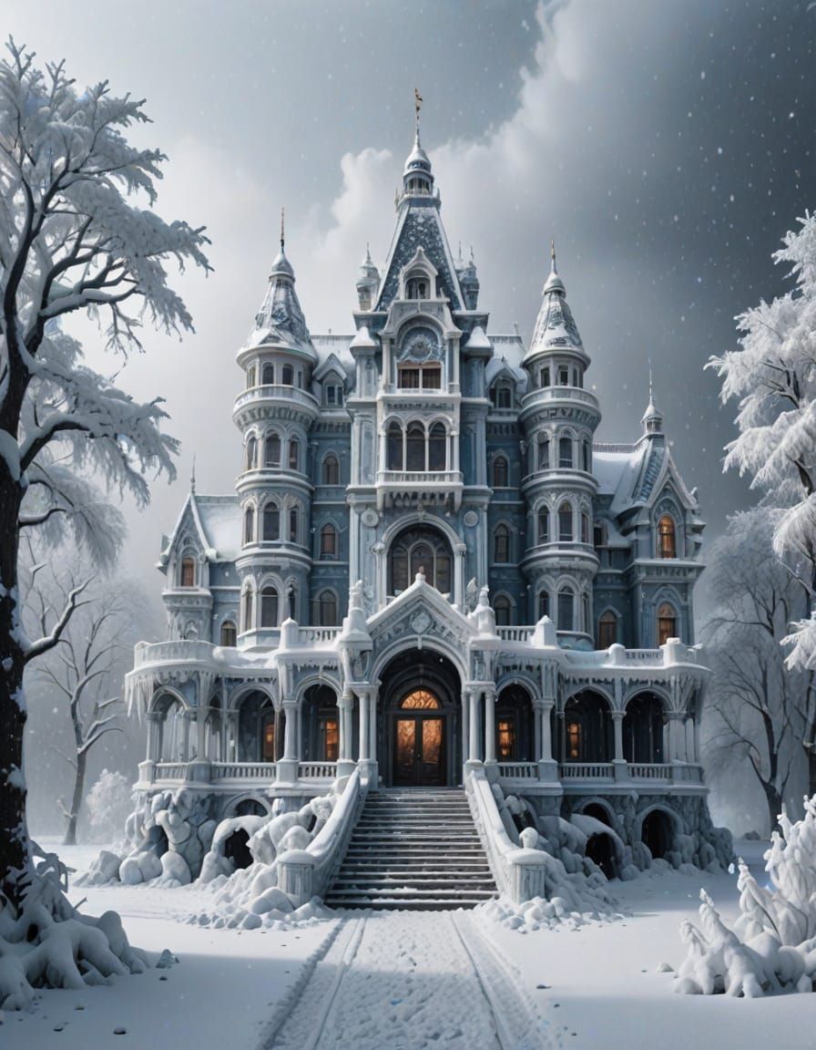 Hyperrealistic Snow Palace in Winter Storm