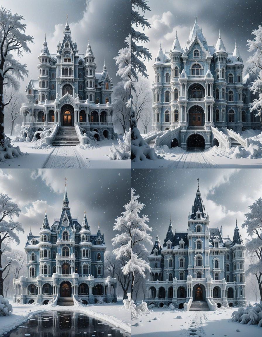 Hyperrealistic Ice Palace in Winter Storm