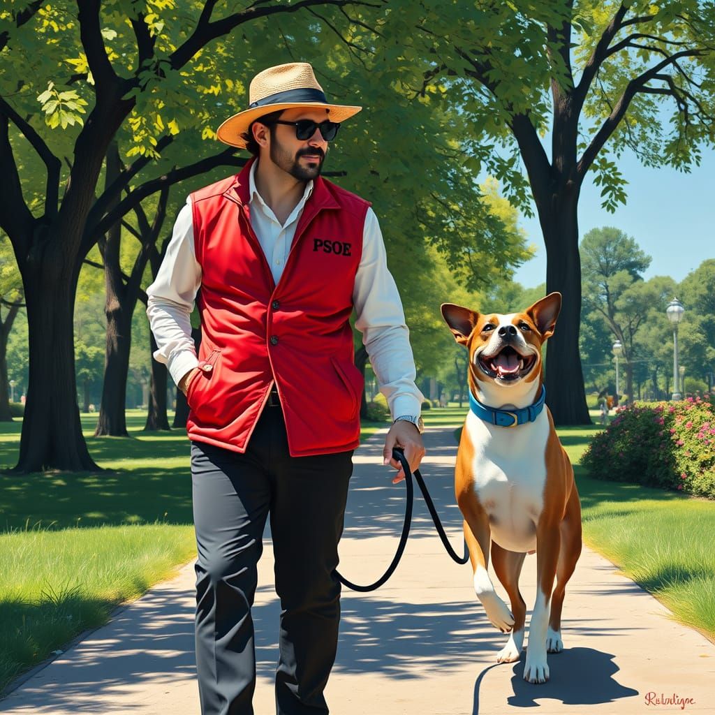 Man Walks Dog in Sunny Park, Portrait Illustration