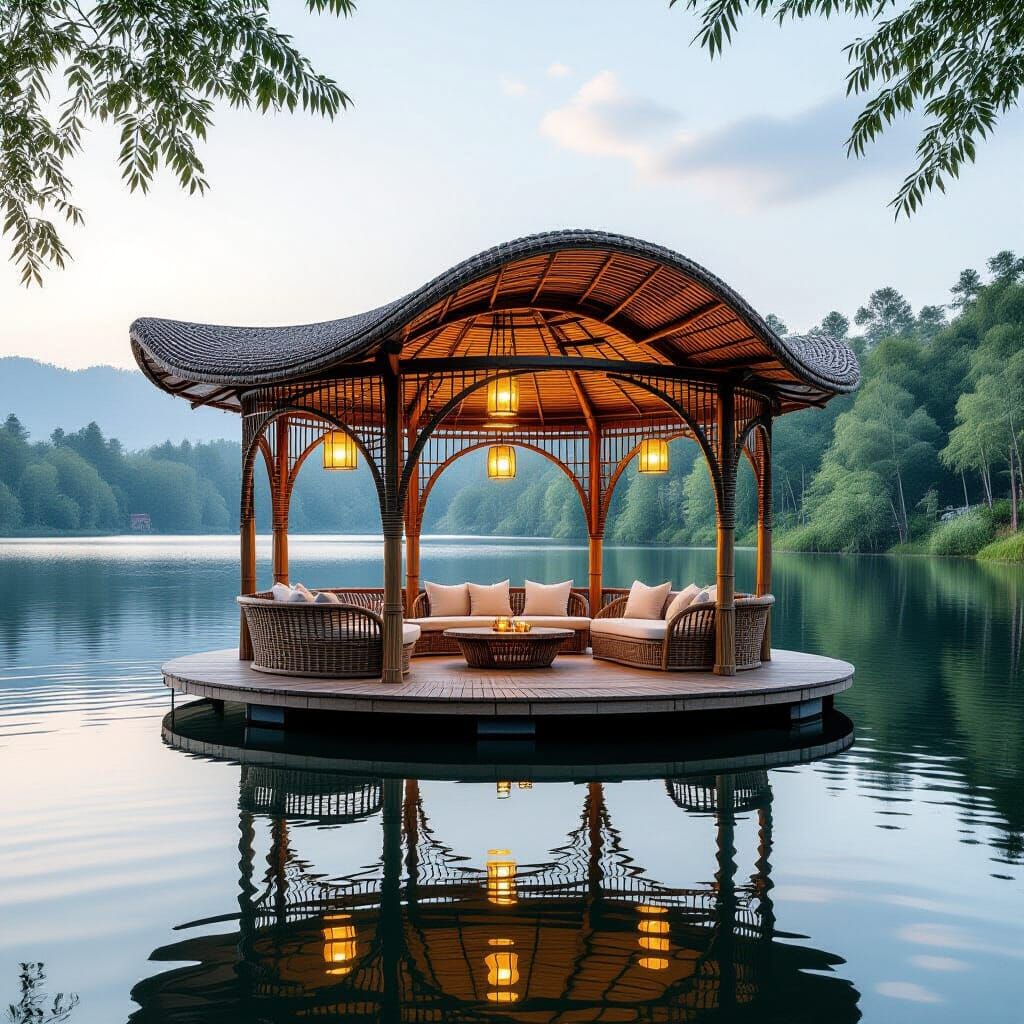 Floating Wicker Pavilion on Serene Lake