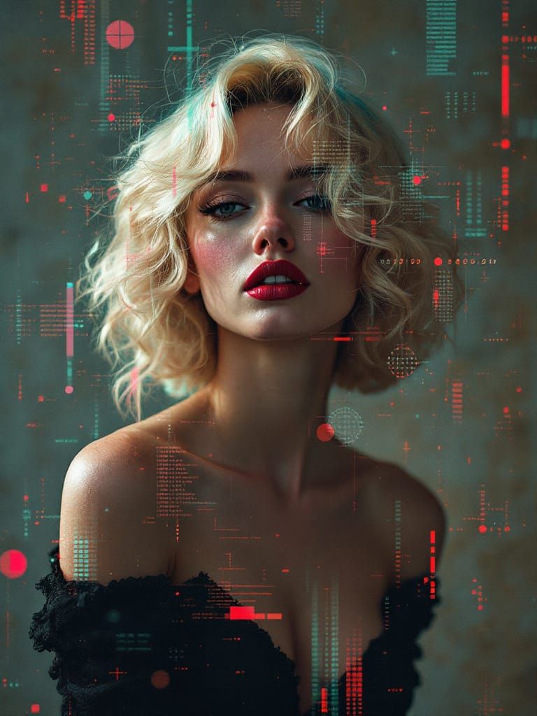 Glitch Pin-Up Woman with Digital Code Overlay