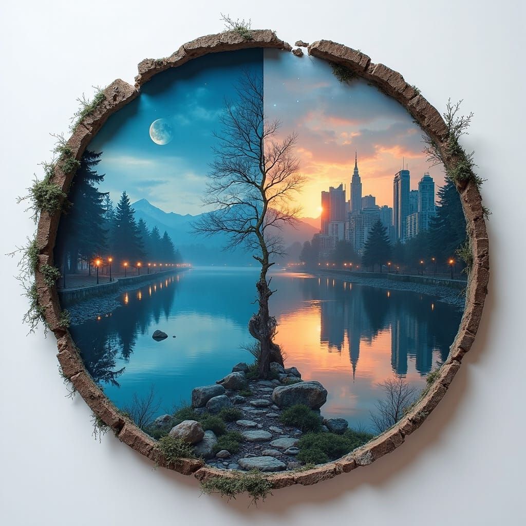 Urban Contrast: City Thriving vs. Ruined Nightscape