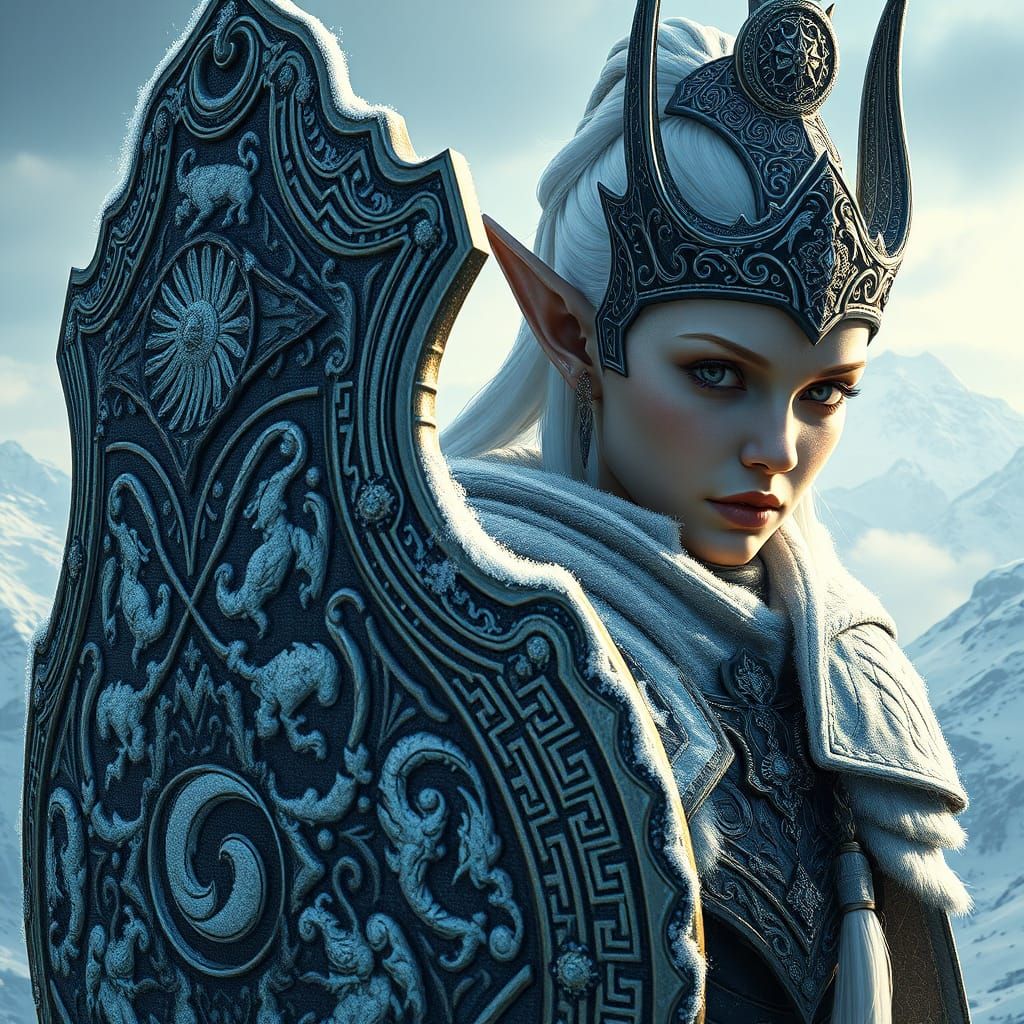 Ethereal Elf Warrior in Ornate Snow-Encrusted Armor