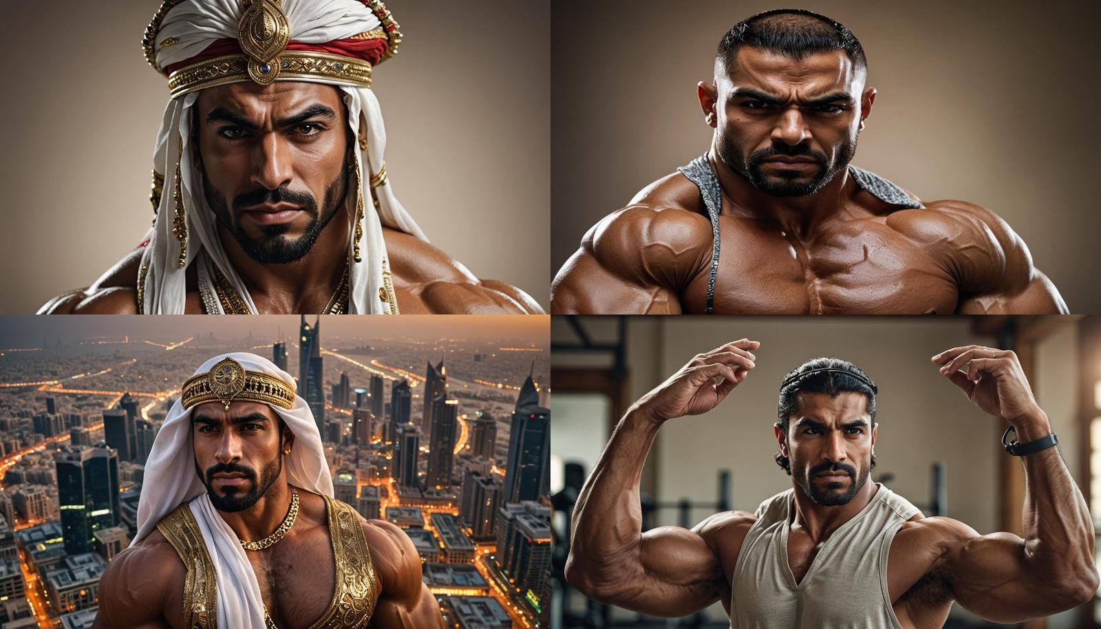 Arab Bodybuilder Flexing in Traditional Headdress Portrait