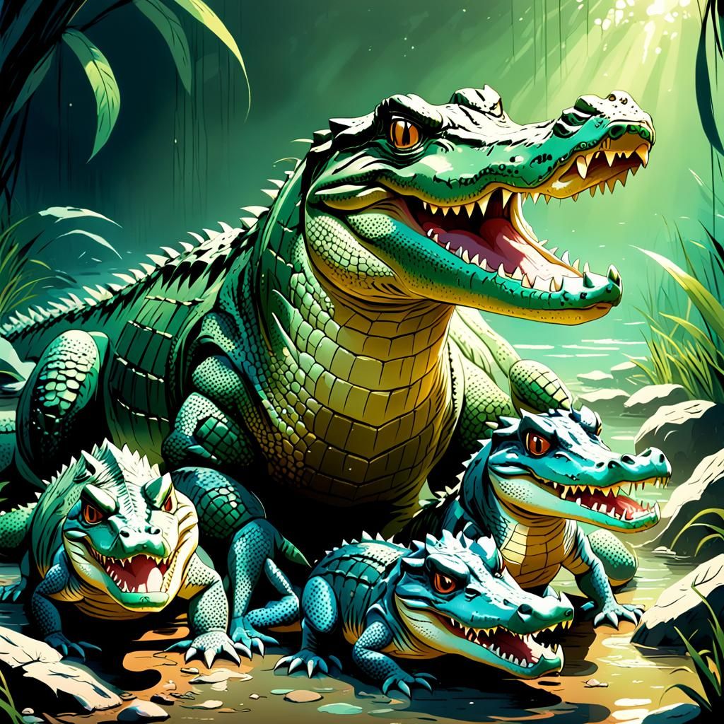 Anime-Style Crocodile Family in Cel-Shaded Art