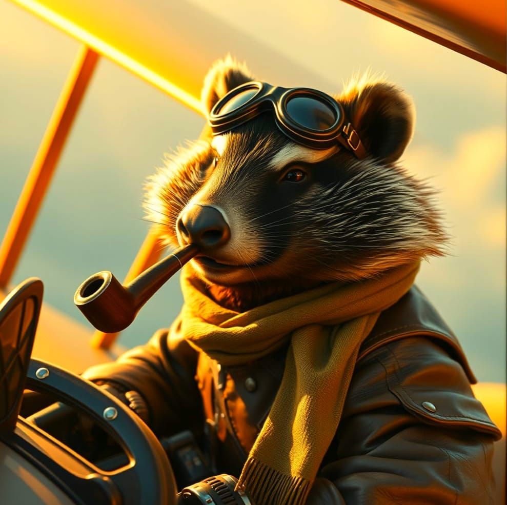 Anthropomorphic Badger Pilots Sopwith Camel in Golden Hour