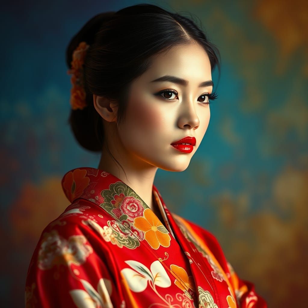 Woman in Kimono Portrait with Dramatic Lighting